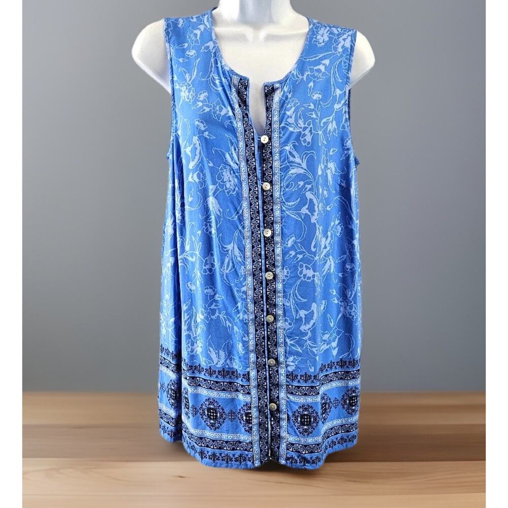 J Jill Womens Button Front Top Medium Blue Boho Business Floral Rayon Sleeveless